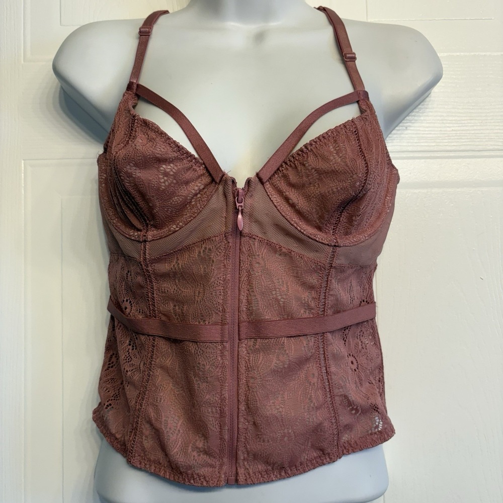 Victoria's Secret Very Sexy Pink Lace Bustier Corset Bra 32C Waist Band